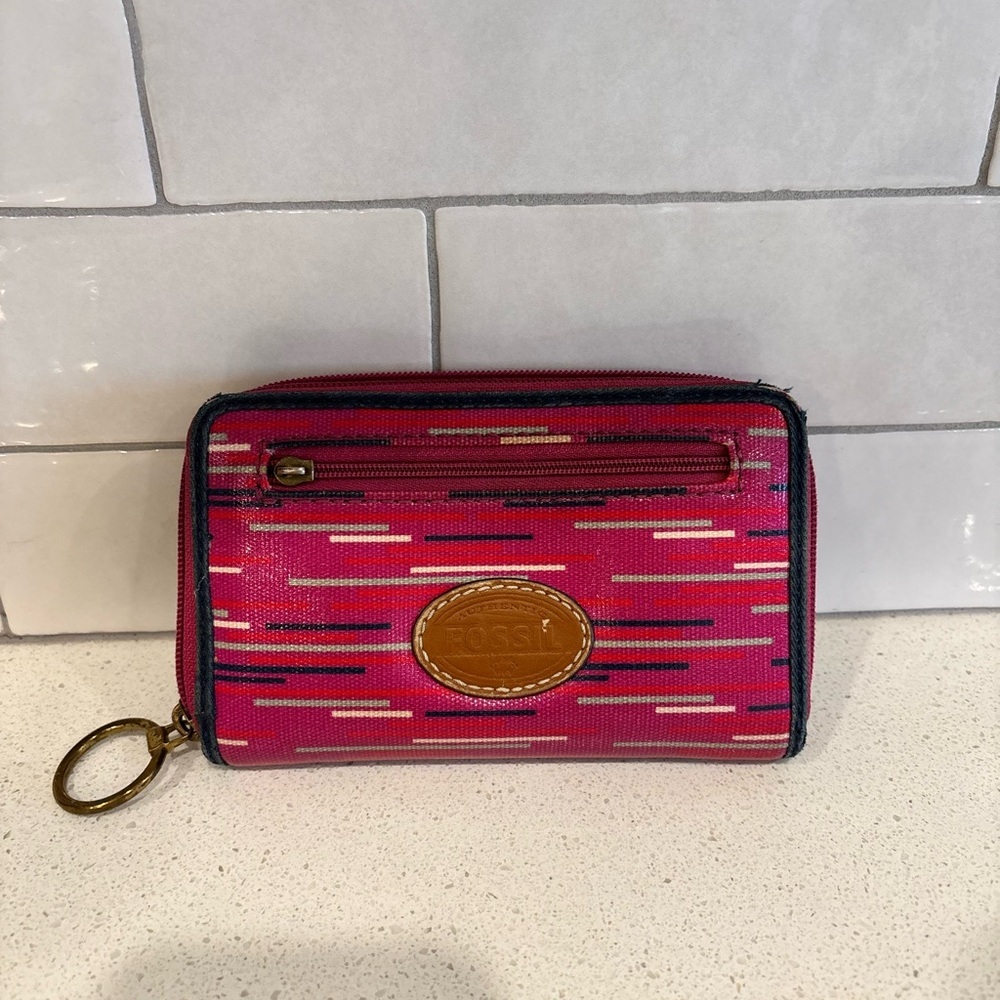 Women’s Fossil Key Per Zip Wallet Wristlet Hot Pink Stripe EUC